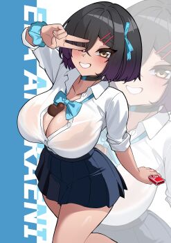  1girl absurdres asuna_(blue_archive) asuna_(blue_archive)_(cosplay) asuna_(school_uniform)_(blue_archive) asymmetrical_bangs between_breasts black_hair blue_bow blue_bowtie blue_ribbon blue_scrunchie blush bow bowtie breasts brown_eyes candy chocolate chocolate_heart chocolate_on_body chocolate_on_breasts choker cleavage collarbone collared_shirt commentary condom_box cosplay english_text food food_on_body grin hair_over_one_eye hair_ribbon heart heart-shaped_food highres large_breasts looking_at_viewer original partially_unbuttoned pleated_skirt ribbon rimun_rimun school_uniform scrunchie see-through_clothes see-through_shirt shirt shirt_tucked_in short_hair skirt sleeves_rolled_up smile solo thighs untranslatable_commentary v v_over_eye wet wet_clothes wet_shirt white_shirt wrist_scrunchie 