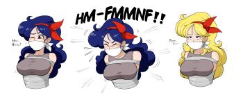  1girl bdsm blonde_hair blue_hair bondage bound breasts brockendynamite cloth_gag dragon_ball duct_tape gag gagged hair_ribbon improvised_gag lunch_(dragon_ball) ribbon sneezing tape tape_bondage transformation 