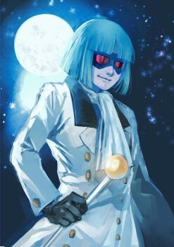  1boy ascot blue_hair bob_cut closed_mouth coat full_moon hashi84e highres holding holding_staff male_focus moon night night_sky rainbow_parakeet rainbow_parakeet_(character) red-tinted_eyewear short_hair sky solo staff sunglasses tinted_eyewear upper_body white_ascot white_coat 