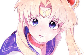  1girl bishoujo_senshi_sailor_moon blonde_hair blue_eyes blue_sailor_collar choker circlet commentary_request crescent crescent_earrings double_bun earrings hair_bun heart heart_choker jewelry meme portrait red_choker sailor_collar sailor_moon sailor_moon_redraw_challenge_(meme) solo toco_(love-hmhm-tocotoco) tsukino_usagi twintails 