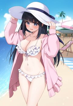  1girl absurdres adjusting_clothes adjusting_headwear artist_request beach beach_towel beach_umbrella bikini black_hair blue_eyes blue_sky blush breasts chair character_request commentary_request copyright_request cowboy_shot day deck_chair folding_chair frilled_bikini frills hat highres jacket large_breasts long_hair navel open_mouth outdoors pink_jacket sky solo standing sun_hat swimsuit towel umbrella white_bikini white_hat 