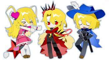  3girls black_pants blonde_hair blood blue_cape blue_hat bow bowtie cape cinq_association_south_uniform closed_eyes coat crown don_quixote_(project_moon) e.g.o_(project_moon) gala9960 hashtag-only_commentary hat hemokinesis highres in_the_name_of_love_and_hate_(e.g.o) limbus_company lobotomy_corporation_(identity)_(project_moon) multiple_girls multiple_persona open_mouth pants pink_bow pink_bowtie pink_skirt pink_vest project_moon red_coat sancho_(project_moon) short_hair skirt smile thighhighs vest white_thighhighs yearning-mircalla_(e.g.o) 