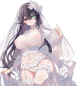  1girl aqua_eyes back_bow black_eyes black_hair bow breasts bridal_veil choker commentary_request dress flower flower_choker frilled_choker frilled_panties frilled_thighhighs frills garter_belt genderswap genderswap_(mtf) hair_flower hair_ornament hand_up heterochromia highres hong_lu_(project_moon) huge_breasts juliet_sleeves limbus_company long_sleeves looking_at_viewer panties parted_lips project_moon puffy_sleeves pussy_juice see-through_clothes see-through_dress see-through_panties shiki_(shikki46) shrug_(clothing) simple_background smile solo standing standing_on_one_leg thighhighs underwear veil wedding_dress white_background white_bow white_choker white_dress white_flower white_panties white_shrug white_thighhighs 