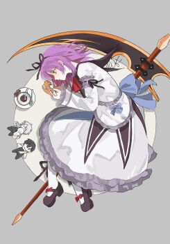  1girl asprosgy bob_cut bow cup doll dress eiyuu_densetsu estelle_bright footwear_bow full_body hair_bow hair_ribbon hashtag-only_commentary highres holding holding_doll huge_weapon joshua_bright leonhardt_(eiyuu_densetsu) lying mary_janes neckerchief on_side purple_hair red_bow red_neckerchief renne_(eiyuu_densetsu) ribbon saucer scythe shoes short_hair socks solo sora_no_kiseki spoon teacup weapon white_socks 