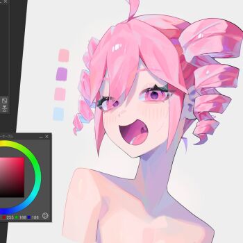  1girl :d aegyo_sal ahoge alternate_eye_color alternate_hair_color art_program_in_frame clip_studio_paint collarbone color_guide commentary_request cropped_shoulders double-parted_bangs drill_hair eyes_visible_through_hair from_below hair_between_eyes highres kasane_teto light_blush lower_teeth_only n._(plaw_01) nude open_mouth pink_eyes pink_hair short_hair sidelocks simple_background smile solo teeth thick_eyelashes tongue tsurime turning_head twin_drills utau uvula white_background 