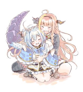 2girls absurdres amane_kanata amane_kanata_(1st_costume) black_jacket black_skirt black_thighhighs blue_bow blue_bowtie blue_hair blush bow bowtie breasts colored_inner_hair commentary_request dakuryuu dragon_girl dragon_horns dragon_tail full_body grey_hair headpat highres hololive horns jacket kiryu_coco kiryu_coco_(1st_costume) kneeling large_breasts long_hair looking_at_viewer multicolored_hair multiple_girls no_halo open_mouth orange_hair shirt short_hair simple_background single_thighhigh skirt smile squatting tail thigh_strap thighhighs virtual_graduation_commemoration virtual_youtuber white_background white_shirt 
