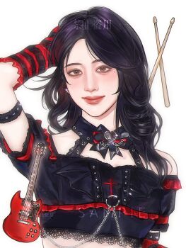  1girl absurdres aegyo_sal armlet black_hair brown_eyes closed_mouth commentary commission ear_piercing electric_guitar english_commentary gibson_sg glint guitar highres instrument jewelry lace_trim long_hair mole mole_under_eye off_shoulder piercing real_life red_arm_warmers solo voice_actor weiy yonezawa_akane 