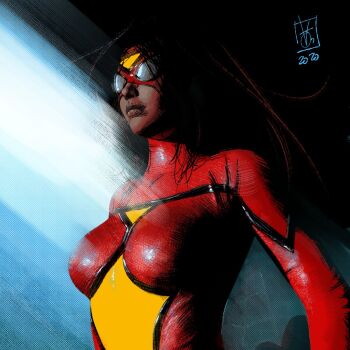  1girl 2020 artist_name avengers_(series) black_hair bodysuit commentary dated domino_mask english_commentary eye_mask highres jessica_drew light_rays long_hair marvel mask multicolored_bodysuit red_bodysuit red_mask sidelighting signature solo spandex spider-woman spotlight superhero_costume traditional_media two-tone_bodysuit valerio_giangiordano western_comics_(style) yellow_bodysuit 