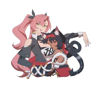  2girls absurdres animal_ear_fluff animal_ears aragiken barcode barcode_tattoo bare_shoulders between_breasts black_ribbon blush breasts cable cable_tail cat_ears cat_girl cat_tail cleavage closed_mouth clothing_cutout commentary corset cropped_torso earrings english_commentary facial_mark fang forehead_mark forehead_tattoo green_eyes hair_ornament hairband hairclip half-closed_eyes hand_on_own_hip head_between_breasts heart heart_earrings heart_necklace highres hug jewelry large_breasts long_hair looking_to_the_side mechanical_tail mole mole_under_eye multicolored_nails multiple_girls multiple_tails nail_polish necklace nekomiya_mana nicole_demara open_mouth pink_hair red_corset red_eyes red_hairband ribbon shoulder_cutout simple_background skin_fang strapless tail tattoo triangle triangle_facial_mark tube_top two_side_up two_tails white_background white_tube_top zenless_zone_zero 