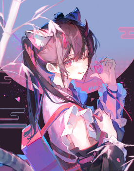  1boy ;q absurdres animal_ear_fluff backpack bag bamboo black_hair black_sleeves bracelet character_name chinese_commentary cho_kaguya-hime! commentary_request crossdressing crossdressing_(mtf) detached_sleeves egasumi frilled_sleeves frills from_side half-heart_hands hand_up highres horns jewelry komazawa_noi long_hair long_sleeves looking_at_viewer male_focus moon multicolored_hair nonhaaa one_eye_closed pink_bag pink_eyes pink_horns smile solo streaked_hair tongue tongue_out trap twintails upper_body 