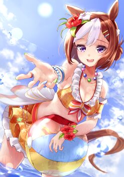  1girl absurdres animal_ears arm_garter ball bare_shoulders beachball bead_necklace beads bikini bikini_skirt blue_sky blush braid breasts brown_hair cleavage cloud collarbone commentary_request ear_flower flower frilled_bikini frills hair_bun hair_flower hair_ornament hairclip half_up_braid hibiscus highres holding holding_ball holding_beachball horse_ears horse_girl horse_tail jewelry looking_at_viewer medium_breasts multicolored_hair multicolored_nails navel necklace ocean official_alternate_costume open_mouth orange_bikini outdoors plaid_bikini plaid_clothes plaid_sleeves purple_eyes reaching reaching_towards_viewer sazanka short_hair sky smile special_week_(hopp'n_happy_heart)_(umamusume) special_week_(umamusume) stomach swimsuit tail umamusume water wet white_hair wrist_flower 