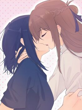  2girls blue_ribbon blue_shirt braid brown_hair closed_eyes commentary earrings french_kiss hair_ribbon half_up_braid hand_in_another's_hair hashtag-only_commentary jewelry kiss long_hair medium_hair mim120809 miyagi_shiori multiple_girls polka_dot polka_dot_background ribbon sendai_hazuki shirt short_sleeves shuuniichido_classmate_wo_kau_hanashi stud_earrings upper_body white_shirt yuri 