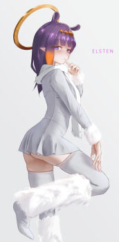  1girl absurdres artist_name ass diamond_hairband dress elsten fur_leg_warmers gradient_hair grey_dress grey_thighhighs hairband halo highres hololive hololive_english leg_warmers long_hair looking_at_viewer multicolored_hair ninomae_ina'nis orange_hair orange_hairband pointy_ears purple_eyes purple_hair solo tentacle_hair thighhighs virtual_youtuber white_background white_leg_warmers yellow_halo 