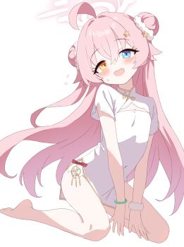 1girl absurdres ahoge alternate_costume bare_legs barefoot blue_archive blush china_dress chinese_clothes cleavage_cutout clothing_cutout commentary_request covered_navel double_bun dress fang flying_sweatdrops hair_between_eyes hair_bun halo heterochromia highres hoshino_(blue_archive) hoshino_(flowery_charms)_(blue_archive) kneeling long_hair looking_at_viewer pink_hair simple_background solo very_long_hair white_background white_dress yukisiannn rating:Sensitive score:26 user:danbooru