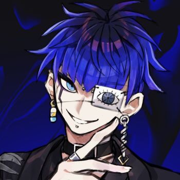  1boy black_background black_collar black_hair black_haori black_kimono black_roots blue_background blue_eyes blue_hair collar commentary earrings eye_print eyepatch face_piercing facial_mark grin hand_up haori japanese_clothes jewelry kimono labret_piercing male_focus multicolored_hair nyu_100 omokage_yugamu piercing portrait print_eyepatch ring roots_(hair) short_hair smile the_hundred_line_-last_defense_academy- 