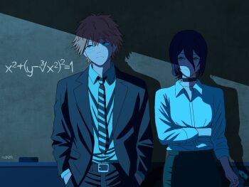  1boy 1girl artist_name belt belt_buckle better_call_saul black_belt black_choker black_jacket black_pants black_skirt blonde_hair board_eraser breaking_bad breasts buckle chainsaw_man chalkboard choker closed_mouth collared_shirt denji_(chainsaw_man) diagonal-striped_clothes diagonal-striped_necktie equation flower green_eyes grenade_pin hair_between_eyes hair_bun hands_in_pockets highres holding holding_flower jacket light_blush light_frown light_smile math mccheese medium_breasts medium_hair necktie pants purple_hair red_eyes reze_(chainsaw_man) shirt short_hair skirt striped_clothes striped_necktie suit_jacket updo upper_body white_flower white_shirt 