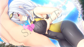  1boy 1girl bare_arms bare_shoulders beach black_one-piece_swimsuit blue_sky blush breast_lift breasts censored closed_mouth clothed_female_nude_male clothed_sex cloud cloudy_sky collarbone covered_navel day handa_nora heart heart_censor hetero large_breasts long_hair noel_the_nextseason nora_to_oujo_to_noraneko_heart nude ocean official_art one-piece_swimsuit oozora_itsuki outdoors public_indecency public_nudity rock sample_watermark sky solo_focus standing swimsuit two-tone_one-piece_swimsuit watermark yellow_one-piece_swimsuit 
