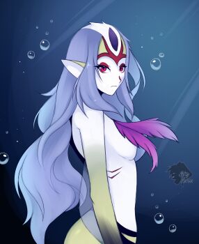  absurdres air_bubble ao_no_roku-gou arm_fins breasts bubble colored_skin completely_nude covered_erect_nipples expressionless facial_mark fins fish_girl forehead_mark gills grey_hair highres light_rays long_hair looking_at_viewer monster_girl multicolored_hair multicolored_skin mutio nude pointy_ears red_eyes skyversa small_breasts underwater white_hair white_skin yellow_skin 