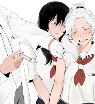  1boy 2girls black_hair blush boob_injection_(meme) closed_eyes genderswap genderswap_(mtf) highres hikaru_ga_shinda_natsu holding holding_syringe indou_hikaru injection long_hair meme mole mole_under_eye mole_under_mouth multiple_girls multiple_moles neckerchief nervous school_uniform serafuku simple_background sleeve_rolled_up slit_pupils spenixthebig syringe syringe_in_breast tsujinaka_yoshiki white_background 