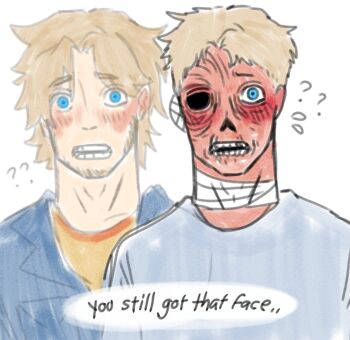  1boy 2024 blonde_hair blue_eyes blush comic curly_(mouthwashing) curly_(post-crash)_(mouthwashing) curly_(pre-crash)_(mouthwashing) davriann embarrassed english_text highres mouthwashing short_hair speech_bubble twitter  rating:General score:1 user:smutuploader