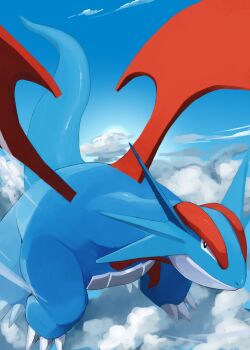  blue_sky claws closed_mouth cloud commentary_request dragon flying gen_3_pokemon highres kou11021301 looking_at_viewer nintendo no_humans outdoors pokemon pokemon_(creature) pokemon_focus pokemon_rse red_wings salamence sky tail wings 