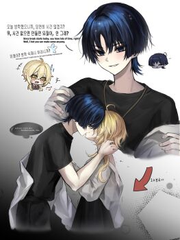  +++ ... 1boy 1girl absurdres ahoge alternate_costume anger_vein arrow_(symbol) black_eyes black_hair black_pants black_shirt black_skirt black_sleeves blonde_hair blue_hair blush bow bowtie closed_eyes collared_shirt commentary contemporary couple cropped_legs cropped_torso disembodied_hand disembodied_head earrings empty_eyes english_commentary english_text eyeliner false_smile genshin_impact hand_in_another's_hair height_difference hetero highres jewelry kiss korean_text looking_at_another looking_at_viewer lumine_(genshin_impact) makeup mixed-language_text multicolored_hair open_mouth pants parted_lips pink_bow pink_bowtie pleated_skirt pointing pointing_at_another red_eyeliner scaramouche_(genshin_impact) school_uniform sequential shirt short_hair short_hair_with_long_locks short_sleeves sidelocks skirt smile smirk streaked_hair sweat talking_ok tareme trembling tsurime undressing white_mouth white_shirt yellow_eyes 