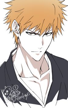  1boy absurdres bleach brown_eyes closed_mouth collarbone commentary_request dated highres kurosaki_ichigo looking_at_viewer male_focus may_(illust_man_2020) orange_hair shihakusho short_hair signature simple_background solo white_background 