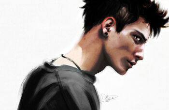  1boy adam's_apple black_hair black_shirt closed_mouth dai_district dante_(dmc:_devil_may_cry) devil_may_cry devil_may_cry_(series) dmc:_devil_may_cry earrings grey_eyes jewelry looking_at_viewer necklace profile realistic shirt short_hair signature simple_background solo weights white_background 