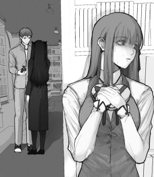  1boy 2girls arm_at_side bookshelf breasts chocolate commentary_request emiya_shirou fate/stay_night fate_(series) food from_behind full_body gift greyscale hiding highres holding holding_chocolate holding_food holding_gift korean_commentary long_hair long_sleeves looking_at_another looking_to_the_side matou_sakura medium_breasts monochrome multiple_girls parted_lips shadow short_hair sidelocks sweat tohsaka_rin upper_body very_short_hair yamnyam_m 