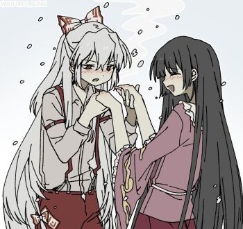  2girls bamboo_print black_hair blush bow dibitaki11 fujiwara_no_mokou hair_bow hime_cut houraisan_kaguya long_hair long_skirt long_sleeves multiple_girls multiple_hair_bows ofuda ofuda_on_clothes open_mouth pants pink_shirt red_eyes red_pants ribbon shirt skirt smile suspenders touhou twitter_username very_long_hair white_bow white_hair white_shirt wide_sleeves yuri 