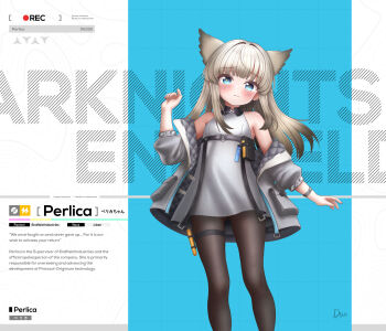  animal_ears arknights arknights:_endfield bare_shoulders belt bird_ears bird_girl black_pantyhose blonde_hair blue_eyes blunt_bangs closed_mouth dress dric dutch_angle floating_hair jacket light_blush long_hair open_clothes open_jacket pantyhose perlica_(arknights) sidelocks smile three-quarter_sleeves white_dress white_jacket  rating:General score:2 user:Dric