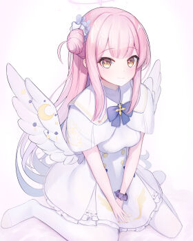  1girl absurdres angel_wings blue_archive blue_bow blue_bowtie blue_hair blunt_bangs bow bowtie breasts buttons capelet closed_mouth commentary_request crescent double-breasted dress feathered_wings flower frilled_dress frills full_body gradient_hair hair_bun hair_flower hair_ornament halo highres long_hair looking_at_viewer low_wings medium_breasts mika_(blue_archive) mulp_sty multicolored_hair pantyhose pink_hair pink_halo purple_flower purple_scrunchie scrunchie simple_background single_side_bun sitting smile solo wariza white_background white_capelet white_dress white_pantyhose white_wings wing_ornament wings wrist_scrunchie yellow_eyes 