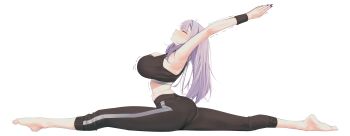  1girl absurdres alternate_hair_length_(shorter) armpits arms_up barefoot black_pants black_sports_bra blush breasts closed_eyes contortion feet flexible from_side front_sitting_split grey_hair highres hololive hololive_indonesia kebohan large_breasts long_hair nail_polish official_alternate_costume pants pavolia_reine pavolia_reine_(6th_costume) profile purple_nails simple_background sitting_split solo split sports_bra sportswear straight_hair stretching sweatpants toes trembling virtual_youtuber white_background workout_clothes wristband yoga yoga_pants 
