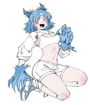  1girl adapted_costume alternate_form animal_hands blue_eyes blue_hair blush bra breasts bruise bruise_on_knee bruise_on_leg commentary_request extra_eyes fangs full_body genderswap genderswap_(mtf) hair_horns highres injury jujutsu_kaisen kashimo_hajime kimdoki korean_commentary medium_breasts nude open_mouth scratches shoes short_hair shorts simple_background sneakers underwear white_background white_bra white_shorts 