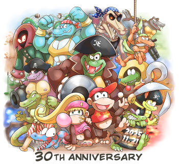  1girl 6+boys anniversary antique_firearm aogaeru_(pixiv46613656) bandana barrel baseball_cap beret blonde_hair blowing_bubbles blunderbuss brown_fur cannon chewing_gum diddy_kong dixie_kong donkey_kong_(series) donkey_kong_country_2 earrings english_text fangs firearm gun hat holding holding_weapon hook_hand hoop_earrings jewelry kaboing kackle kannon king_k._rool klampon klinger kloak klobber klomp knife krook kruncha kutlass looking_at_viewer multiple_boys nail_polish navel nintendo open_mouth pirate pirate_hat ponytail rope smile sword tank_top toenail_polish toenails weapon 