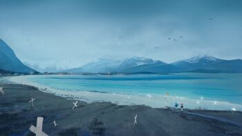  2girls absurdres beach blue_hair commentary cross day english_commentary from_behind hatsune_miku highres kasane_teto lake landscape long_hair mountain multiple_girls original outdoors overcast red_hair scenery shore short_hair sky sparkle standing toilet_chicken twintails very_wide_shot walking water 