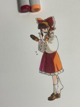  1girl art_tools_in_frame ascot bow brown_eyes brown_hair brown_shoes closed_mouth commentary_request detached_sleeves frilled_bow frilled_hair_tubes frilled_skirt frills full_body hair_bow hair_tubes hakurei_reimu highres holding holding_shoes holding_unworn_clothes loafers long_hair photo_(medium) red_bow red_skirt ribbon-trimmed_sleeves ribbon_trim shiratama_(hockey) shoes single_shoe skirt skirt_set socks solo touhou traditional_media unworn_shoes white_socks yellow_ascot 