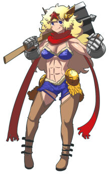  1girl abs axe battle_axe bikini bikini_top_only blonde_hair blue_bikini blue_hair boots breasts clenched_hand cutoffs female_focus full_body gauntlets hair_ornament head_wings licking_lips long_hair matsuda_yuusuke medium_breasts muscular original over_shoulder red_scarf scarf sexy_yuusha short_shorts shorts solo star_(symbol) swimsuit thigh_boots thighhighs tongue tongue_out weapon weapon_over_shoulder wings yuusha_to_maou 