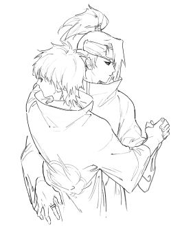  2boys angry bad_source dancing deidara_(naruto) dixieyyds doll_joints eyeliner forehead_protector high_ponytail highres implied_yaoi jewelry joints long_hair looking_at_viewer makeup male_focus monochrome multiple_boys naruto_(series) naruto_shippuuden ponytail ring sasori_(naruto) short_hair simple_background traditional_media white_background 