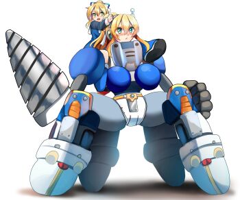 2girls android antennae armor bikini_armor black_sleeves blonde_hair blue_armor blue_boots blue_dress blush bodysuit boots breastplate breasts capelet carrying carrying_person clenched_hand closed_mouth commentary_request commission dress drill dual_persona green_eyes green_ribbon hair_between_eyes hairband highres hyper_roll_(marvel_vs._capcom) joints large_breasts long_hair long_sleeves marvel_vs._capcom mecha mega_man_(classic) mega_man_(series) mega_man_x7 mega_man_x_(series) multiple_girls multiple_legs niwatori_(eck16614) open_mouth ponytail radio_antenna ribbon riding robot robot_girl robot_joints roll_(mega_man) short_dress shoulder_armor shoulder_carry sidelocks simple_background skeb_commission smile white_background white_capelet