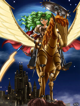  1girl arm_up armor armored_boots artist_name bad_id black_gloves boots breastplate brown_armor cape fur-trimmed_armor fur_trim gloves glowing glowing_eyes green_eyes green_hair holding holding_polearm holding_shield holding_weapon horseback_riding long_hair night non-humanoid_robot orange_eyes original outdoors parted_lips pauldrons pegasus planet polearm red_cape riding robot robot_animal science_fiction shield shoulder_armor sin_(man-sai-den) sky skyline smile solo spear star_(sky) starry_sky vambraces weapon 