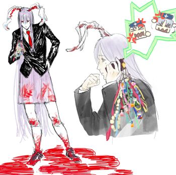  6+girls anger_vein animal_ears black_coat blood blood_on_clothes blood_on_ground blood_on_leg character_doll chibi chibi_inset coat collared_shirt commentary cropped_torso doll english_commentary from_side fujiwara_no_mokou full_body hand_on_own_hip hands_up highres holding holding_phone houraisan_kaguya inaba_tewi konpaku_youmu long_hair long_sleeves medium_skirt misfortunehaver multiple_girls multiple_views necktie phone purple_hair purple_skirt rabbit_ears rabbit_girl red_necktie reisen_udongein_inaba seiran_(touhou) shirt simple_background skirt standing touhou very_long_hair white_background white_shirt yagokoro_eirin 