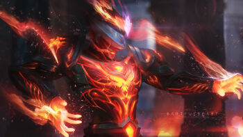  1boy armor artist_name black_armor black_hair blurry blurry_background brand_(league_of_legends) commentary commission english_commentary fiery_aura fiery_hair flaming_hand full_armor helmet highres league_of_legends light_particles male_focus nose parted_lips paul_nong sharp_teeth short_hair signature solo teeth upper_body 