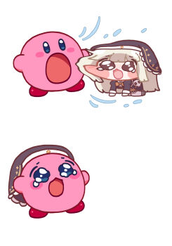  1girl all_fours black_dress black_veil blue_eyes blush bow chibi crossover dress grey_hair highres inhaling kirby kirby_(series) long_hair meme nintendo open_mouth orange_bow panto_pt pleading_eyes simple_background speaki_(trickcal) speakiposting_(meme) tears trickcal veil white_background  rating:General score:5 user:danbooru