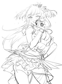  1girl belt blush breasts commentary_request cowboy_shot frilled_skirt frilled_sleeves frills hair_ornament hands_on_own_hips holding holding_microphone idol idolmaster idolmaster_shiny_colors jacket long_hair looking_at_viewer mayuzumi_fuyuko medium_breasts microphone monochrome music one_eye_closed short_sleeves simple_background singing sketch skirt solo two_side_up ukimesato white_background wink  rating:General score:1 user:borgo42