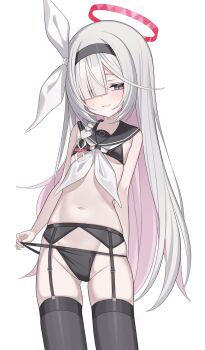  1girl absurdres black_bra black_eyes black_hairband black_panties black_sailor_collar black_thighhighs blue_archive blush bra braid colored_inner_hair cowboy_shot garter_belt garter_straps grin hair_over_one_eye hairband halo highres loli long_hair looking_at_viewer loyo multicolored_hair navel neckerchief panties panty_lift pink_hair plana_(blue_archive) red_halo red_pupils ribbon sailor_collar simple_background single_braid smile standing stomach thighhighs underwear white_background white_hair white_neckerchief white_ribbon 