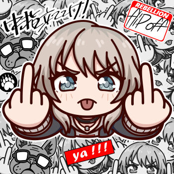  1girl :p absurdres arms_up black_choker black_jacket bulldog choker commentary deformed double_middle_finger english_commentary english_text from_above girls_band_cry grey_eyes grey_hoodie highres hood hoodie jacket jewelry kawaragi_momoka long_hair looking_at_viewer middle_finger mixed-language_text necklace noredji outline solo thick_outlines tongue tongue_out v-shaped_eyebrows white_outline  rating:Sensitive score:5 user:danbooru