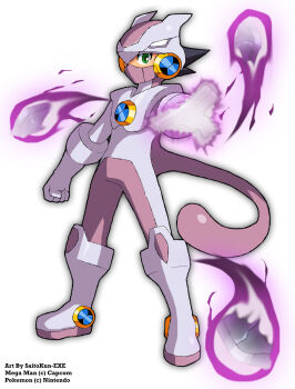  1boy absurdres alternate_costume artist_name black_hair bodysuit commentary_request copyright_name cosplay crossover double_soul_(mega_man) floating full_body gen_1_pokemon gloves green_eyes helmet highres legendary_pokemon levitation male_focus mega_man_(series) mega_man_battle_network_(series) megaman.exe mewtwo mewtwo_(cosplay) netnavi nintendo outstretched_arm pokemon shoutaro_saito simple_background solo standing tail telekinesis white_background white_gloves 