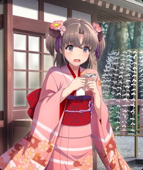  1girl architecture blush brown_eyes brown_hair cowboy_shot day dot_nose east_asian_architecture floral_print floral_print_kimono flower furisode game_cg hair_flower hair_ornament holding_omikuji inami_suu japanese_clothes kimono new_year obi official_art omikuji open_mouth outdoors parted_bangs pink_flower pink_kimono print_kimono print_sash railing red_sash sash short_hair short_twintails single_tear solo third-party_source tied_omikuji toji_no_miko toji_no_miko:_kizamishi_issen_no_tomoshibi translated tree twintails wide_sleeves 