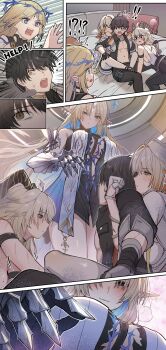  ! !! !? 1boy 3girls absurdres bare_shoulders betrayal black_horns black_jacket black_pants blonde_hair blue_eyes blue_hair blush breasts cartethyia_(wuthering_waves) colored_inner_hair commentary_request crown_of_thorns curled_horns demon_tail earrings fleurdelys_(wuthering_waves) floating_earrings galbrena_(wuthering_waves) gloves grey_hair help_(phrase) highres horns jacket jewelry large_breasts leg_lock long_hair looking_at_another looking_down male_rover_(wuthering_waves) mole mole_under_eye multicolored_hair multiple_earrings multiple_girls naughty_face open_mouth pants pointy_ears reaching reaching_towards_another red_eyes rover_(wuthering_waves) shirt shirt_tucked_in sidelocks smile sweatdrop tacet_mark_(wuthering_waves) tail torn_clothes torn_shirt transformation v-shaped_eyebrows white_gloves white_shirt wuthering_waves yellow_eyes yumegiwa_(skgl_thx) zani_(wuthering_waves) 